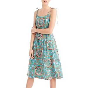 J. Crew Drake's London Sun Dress Size 12 Tie Shoulder Tiled Elephant Bird Floral